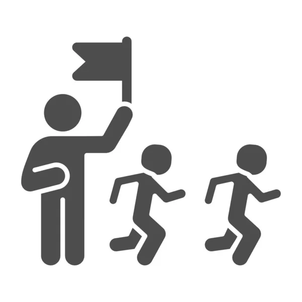 Entrenador y niños ícono sólido, concepto de educación física para niños, entrenador de entrenamiento corriendo niños firmar en fondo blanco, Profesor con bandera y el icono del equipo en estilo glifo. Gráficos vectoriales . — Vector de stock