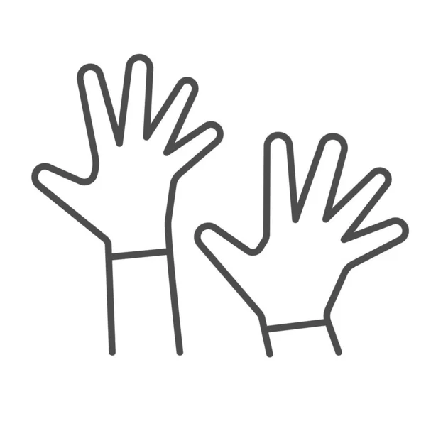 Bambini mani sull'icona linea sottile, 1 giugno concetto giornata di protezione dei bambini, due palme bambini nel segno dell'aria su sfondo bianco, alzato bambino mani simbolo stile contorno per cellulare e web. Vettore . — Vettoriale Stock