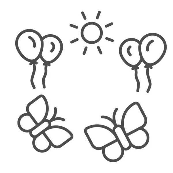 Słońce i balony z motylami cienka ikona linii, 1 czerwca dzieci dzień uroczystości koncepcja, wakacje w dzieciństwie znak na białym tle, słoneczny dzień, dwa symbole motyl i balon. — Wektor stockowy