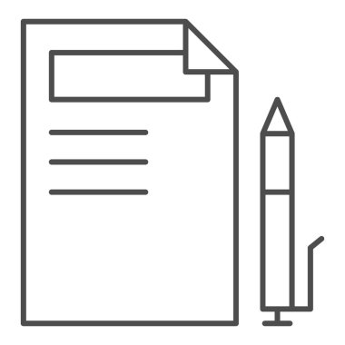 Belge ve kalem ince çizgi simgesi. Kağıt ve kalem çizimi beyaza izole edilmiş. İmza listesi tasarımı, web ve uygulama için tasarlanmış. Eps 10.