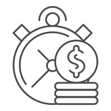 Zaman, paranın ince çizgi simgesidir. Saat ve sikke vektör çizimi beyaza izole edildi. Yatırım zamanı tasarımı, web ve uygulama için tasarlanmış. Eps 10.
