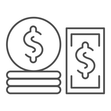 Banknotlar ve madeni paralar ince çizgi simgesi. Para vektörü çizimi beyaza izole edildi. Nakit tasarımı, web ve uygulama için tasarlanmış. Eps 10.