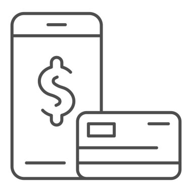 Çevrimiçi ödeme ince çizgi ikonu. Kredi kartı ve akıllı telefon vektör çizimi beyaza izole edildi. Mobil ödeme taslağı tasarımı, web ve uygulama için tasarlandı. Eps 10.
