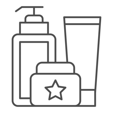 Kozmetik şişeleri ince çizgi ikonu. Krem seti vektör çizimi beyaza izole edildi. Kozmetik tüpleri ana hatlı tasarım, web ve uygulama için tasarlandı. Eps 10.