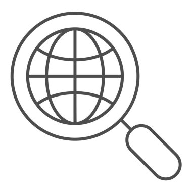 Küresel arama ince çizgi simgesi. Dünya ve büyüteç vektör çizimi beyaza izole edilmiş. Web ve uygulama için tasarlanmış küresel arama tasarımı. Eps 10.