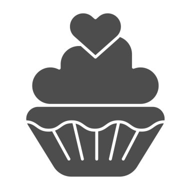 Sevgililer Günü Kek katı ikonu. Tatlı kek işareti vektör çizimi beyaza izole edilmiş. Web ve uygulama için tasarlanmış kalp glifli kek. Eps 10.