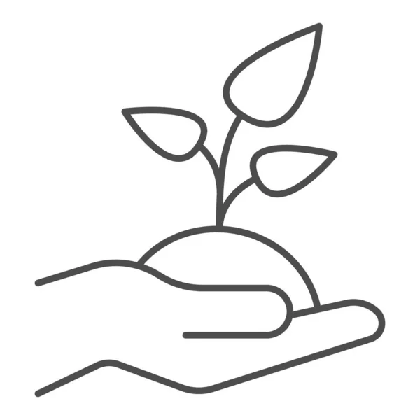 Plant in hand thin line icon. Sprout in hand vector illustration isolated on white. Arm and leaf outline style design, designed for web and app. Eps 10. — Stock Vector
