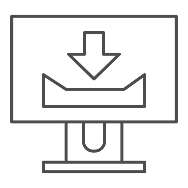 İndirme işareti ince çizgi simgesine sahip masaüstü monitörü. Beyaz üzerine izole edilmiş vektör illüstrasyonlu bilgisayar ekranı. Web ve uygulama için tasarlanmış tasarım tasarımı göster. Eps 10. — Stok Vektör
