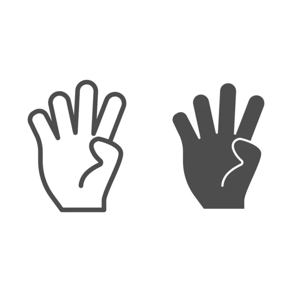 Четыре пальца линии жеста и иконка знака. Рука с четырьмя пальцами вверх векторная иллюстрация изолирована на белом. Ручной жест очертания стиль дизайна, предназначенный для веб и приложения. Eps 10 . — стоковый вектор