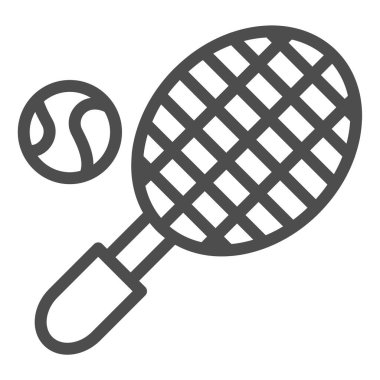 Raket çizgisi ikonlu tenis topu. Spor ekipmanları vektör illüstrasyonu beyaza izole edildi. Tenis oyunu tasarımı, web ve uygulama için tasarlandı. Eps 10.
