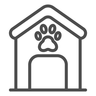 Köpek evi çizgisi simgesi. Üzerinde pençe izi olan köpek kutusu beyaza izole edilmiş. Hayvan kulübesi tasarımı, web ve uygulama için tasarlanmış. Eps 10.