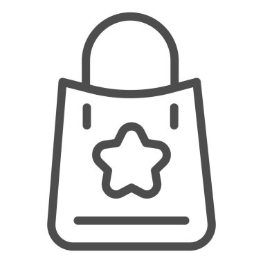 Yıldız çizgisi ikonlu alışveriş torbası. Beyaz üzerinde yıldız etiketi çizimi olan alışveriş paketi. Pazar çantası tasarımı, web ve uygulama için tasarlanmış. Eps 10.