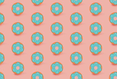 Açık turuncu arka planda gölgeli yüzen mavi donutların yaratıcı deseni. Tekstil, duvar kâğıdı, kumaş, dekor için renkli dizayn edilmiş tatlı yiyecekler. Tatlı fırın konsepti.