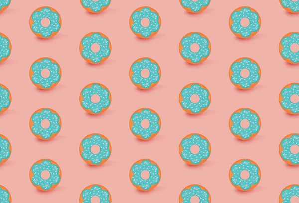 Kreatywny wzór z pływających niebieskich pączków oszklonych z cieniami na jasnopomarańczowym tle. Słodkie jedzenie w kolorowym wzorze na tekstylia, tapety, tkaniny, wystrój. Koncepcja słodkiej piekarni. — Wektor stockowy
