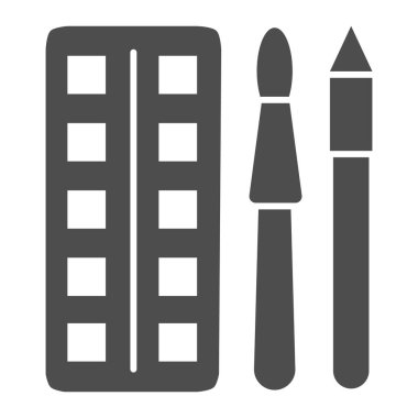 Fırça ve kalem gibi sağlam ikona sahip suluboya boyalar, kırtasiye malzemesi konsepti, beyaz arkaplandaki boya araçları, boya ve boya fırçaları sembolü glyph tarzı mobil ve web. Vektör grafikleri.