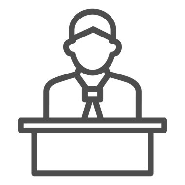 Podyum çizgisi ikonu, iş sunumu konsepti, üniformalı konuşmacı beyaz arka planda rapor imzası atıyor, stand ikonunun arkasındaki sözcü ana hatlarıyla ifade veriyor. Vektör grafikleri.