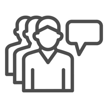 İnsan grubu ve diyalog baloncuğu çizgisi ikonu, iletişim konsepti, beyaz arka planda iş ekibi tabelası, ana hatları, mobil ve web 'de kişisel asistanlar ikonu. Vektör grafikleri.