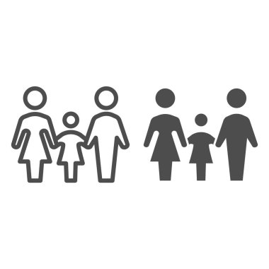 Aile çizgisi ve sağlam bir ikon, 1 Haziran Çocuk Koruma Günü konsepti, anne, baba ve kız, beyaz arka planda imza, ana hatları çocuk sembolü olan ebeveynler, cep telefonu, internet. Vektör grafikleri.