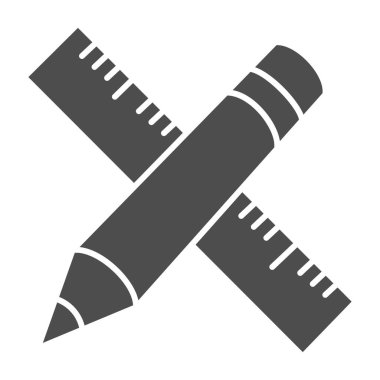 Kalem ve cetvel katı simge, kırtasiye konsepti, beyaz arka planda okul çizimi ve ölçüm aracı işareti, çapraz kalem ve düz sembol glyph tarzı mobil ve web. Vektör.