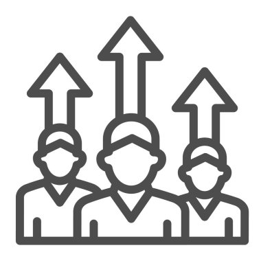 Üç kişi ve yukarı doğru ok çizgisi ikonu, iş konsepti, çalışanların hırsları ve beyaz arka planda motivasyon işareti, motifli takım ikonu ana hatlar tarzı mobil ve web. Vektör grafikleri.