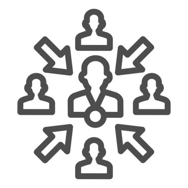 Lider ve ok çizgisi ikonu, takım çalışması ve ilişki konsepti olan bir grup insan, beyaz arka planda baş yönetici imzalı çalışma grubu, ana hatlarda organizasyon simgesi lideri. Vektör.