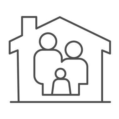 Aile evde ince çizgi ikonu, aile evde konsept, ebeveynler ve çocuklar beyaz arka planda, güvenli aile ikamet ikonu olan aile mobil ve web için taslak tarzı. Vektör grafikleri.