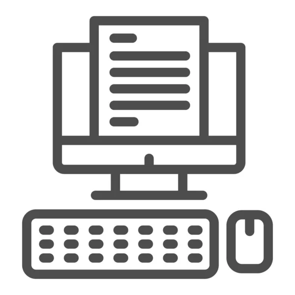 Monitor de computadora con icono de línea de documento, concepto de negocio, documentación de oficina en pantalla signo vectorial sobre fondo blanco, espacio de trabajo con computadora, teclado e icono del ratón en estilo de esquema . — Vector de stock