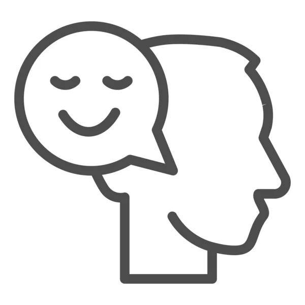Людина з позитивною іконою лінії мислення, концепцією спілкування, користувачем зі знаком мовної бульбашки на білому тлі, головою мислення з щасливим знаком посмішки в контурному стилі. Векторна графіка . — стоковий вектор
