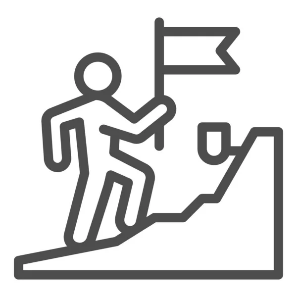 Mann mit Fahne oben auf dem Symbol der Berglinie, Geschäftskonzept, auf dem Gipfel des Karrierevektorzeichens auf weißem Hintergrund, Treppe und Führer mit Fahne Symbol in Umriss Stil. Vektor. — Stockvektor