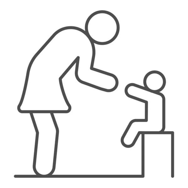 Мати і малюк, ікона тонка лінія, 1 червня діти захищають концепцію дня, мама піклується про підпис її дитини на білому фоні, син сидить і стоїть з батьківським іконом в стилі контури. Векторна графіка. — стоковий вектор