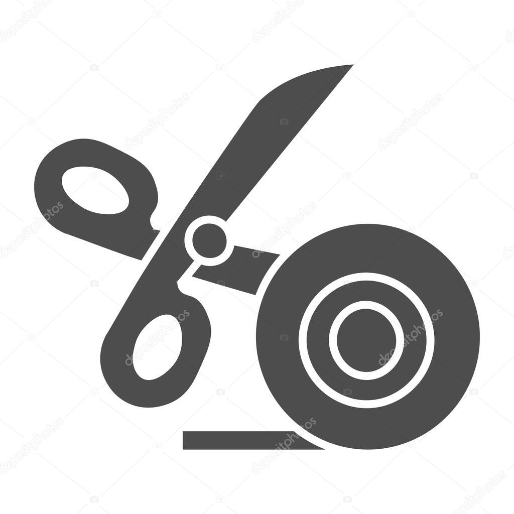 Scissors and scotch tape solid icon, stationery concept, cutting adhesive tape sign on white background, sticky tape with scissors symbol in glyph style for mobile and web. Vector graphics.