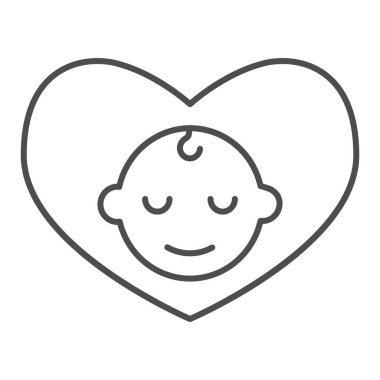 Kalp şeklinde ince çizgi ikonu olan bebek, 1 Haziran Çocuk Koruma Günü konsepti, beyaz arka planda çocuk sevgisi işareti, mobil ve web için sembol tasarımı tarzında sevimli bir çocuk. Vektör.