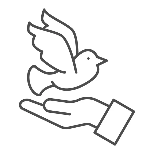 Duva på hand tunn linje ikon, välgörenhet koncept, Duva med mänsklig handflata tecken på vit bakgrund, Duva of peace flyger från öppna händer ikonen i kontur stil mobil och webbdesign. Vektorgrafik. — Stock vektor