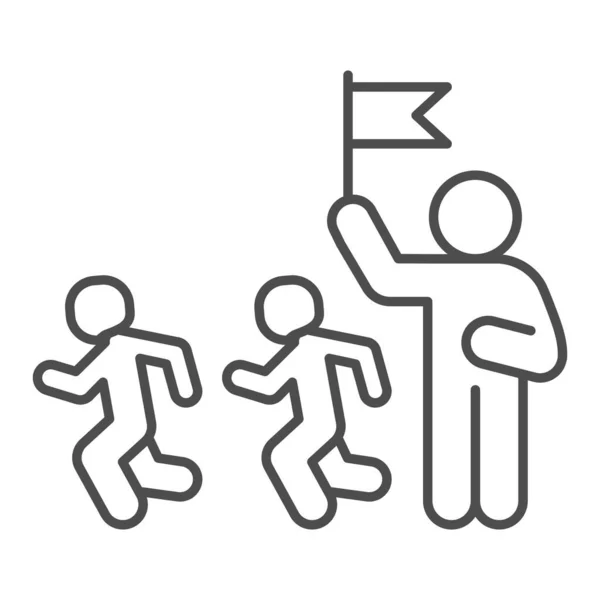 Trainer en kinderen dunne lijn pictogram, kinderen lichamelijke opvoeding concept, coach training hardloopkinderen teken op witte achtergrond, Leraar met vlag en team pictogram in contouren stijl. vectorgrafieken. — Stockvector