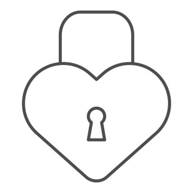 Kalp şeklindeki kilit ince çizgi simgesi. Beyaz renkte izole edilmiş asma kilit vektör çizimi. Kapalı kilit tasarımı, web ve uygulama için tasarlanmış. Eps 10.