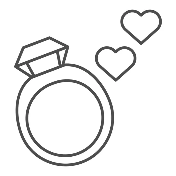 Wedding ring thin line icon. Ring with gemstone vector illustration isolated on white. Jewelry with hearts outline style design, designed for web and app. Eps 10. — Stock Vector