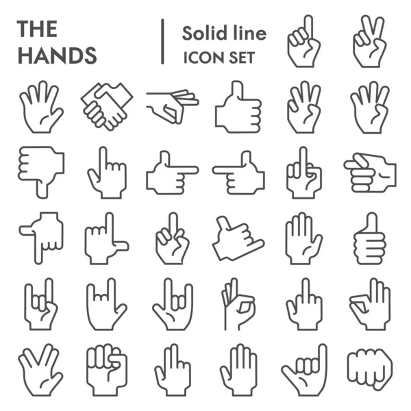 Conjunto de iconos de línea de manos, colección de símbolos de gesto, bocetos vectoriales, ilustraciones de logotipo, signos de brazo paquete de pictogramas lineales aislados sobre fondo blanco, eps 10 . — Vector de stock
