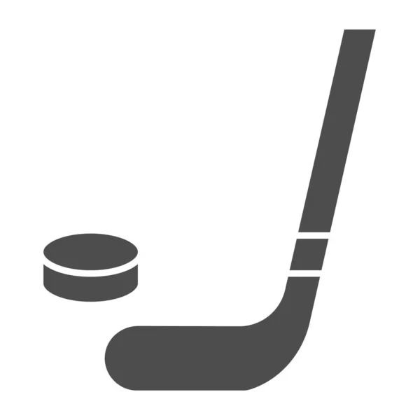 Hockeyklubba och puck fast ikon. Hockey stick och bricka vektor illustration isolerad på vitt. Sport utrustning glyf stil design, utformad för webb och app. Eps 10. — Stock vektor