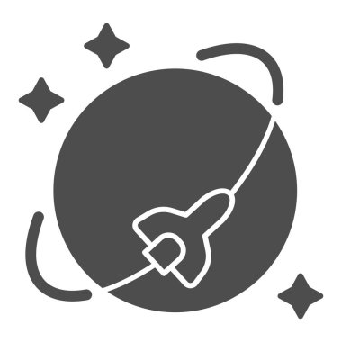 Uzay mekiği katı bir ikon yörüngede. Uzay aracı vektör çizimi beyaza izole edildi. Roket kabartma tasarımı, ağ ve uygulama için tasarlanmış. Eps 10.