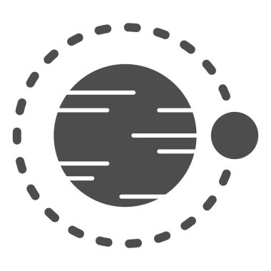 Gezegenin üzerinde uçan uydu simgesi. Beyaz üzerine izole edilmiş kozmos vektör çizimi. Astronomi kabartma tasarımı, web ve uygulama için tasarlandı. Eps 10.