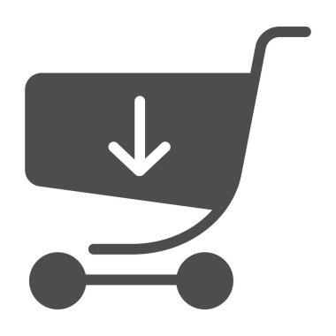 Katı bir ikona sahip alışveriş arabası. Çevrimiçi alışveriş vektörü illüstrasyonu beyazda izole edildi. Ağ ve uygulama için tasarlanmış, aşağı ok glyph tarzı tasarımı olan bir tramvay. Eps 10.