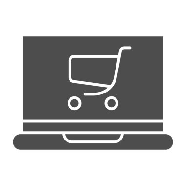 Dizüstü bilgisayarda sağlam bir simge var. Çevrimiçi alışveriş vektörü illüstrasyonu beyazda izole edildi. Web ve uygulama için tasarlanmış, alışveriş arabası kabartma tasarımı olan bir defter. Eps 10.