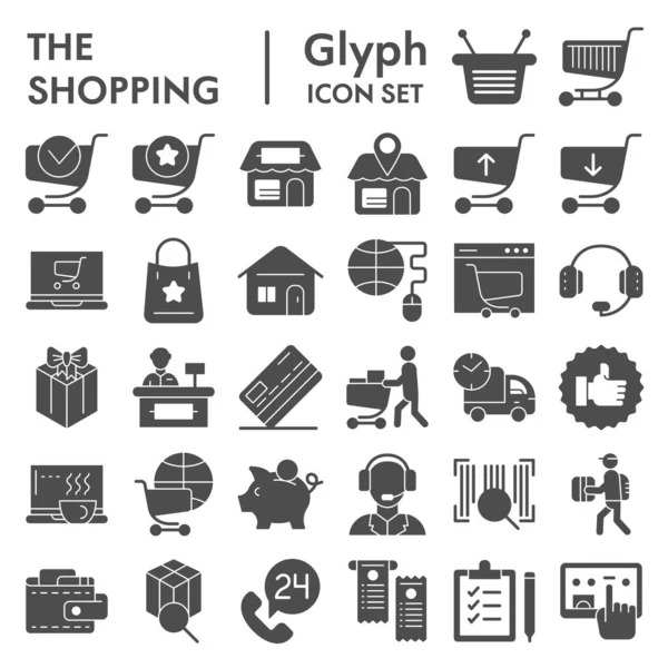 Nákupní online glyf ikony sada, internetový obchod sbírka symbolů, vektorové skici, logo ilustrace, reklamní značky solidní piktogramy balení izolované na bílém pozadí, eps 10. — Stockový vektor