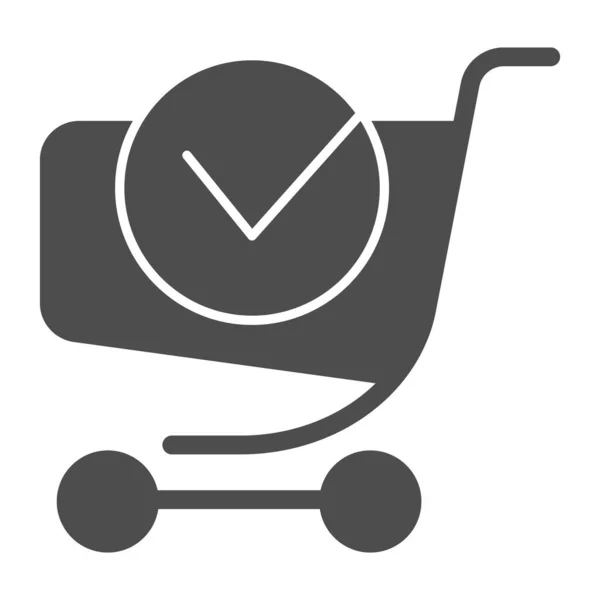 Shopping cart with done label solid icon. Shopping trolley with tick vector illustration isolated on white. Online shopping glyph style design, designed for web and app. Eps 10. — Stock Vector