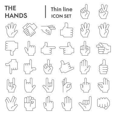 Eller ince çizgi simgesi seti, jest sembolleri koleksiyonu, vektör çizimleri, logo çizimleri, kol işaretleri beyaz arkaplanda izole edilmiş doğrusal piktogramlar paketi, 10.