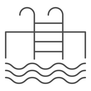 Havuz ince çizgi simgesi. Yüzme havuzu vektör çizimi beyaza izole edildi. Merdiven ve su tasarımı, ağ ve uygulama için tasarlanmış. Eps 10.