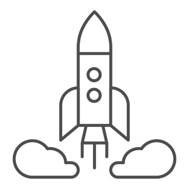 Roket fırlatma ince çizgi simgesi. Uzay aracı vektör çizimi beyaza izole edildi. Uzay gemisi tasarımı, web ve uygulama için tasarlandı. Eps 10.