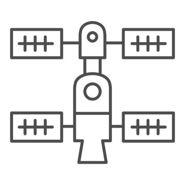 Uzay yörüngesi istasyonu ince çizgi simgesi. Uzay gemisi vektör çizimi beyaza izole edildi. Uzay teknolojisi tasarımı, web ve uygulama için tasarlandı. Eps 10.