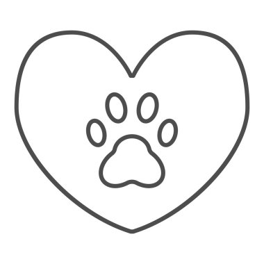 Köpek pençesi ve ince çizgi ikonu olan kalp. Kalp ve pençe izi vektör çizimi beyaza izole edildi. Web ve uygulama için tasarlanmış, kalp hatlarında hayvan ayak izleri. Eps 10.