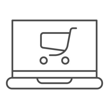 İnce çizgi ikonlu dizüstü bilgisayar. Çevrimiçi alışveriş vektörü illüstrasyonu beyazda izole edildi. Web ve uygulama için tasarlanmış alışveriş tramvayı tasarımı olan bir defter. Eps 10.